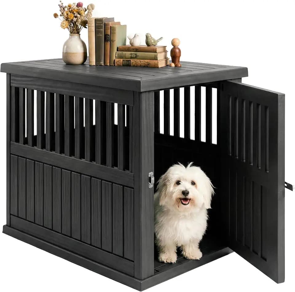 Fancyango Dog Crate Furniture End Table - Decorative Corner Dog House Table for Small to Medium Dogs, Indoor Plastic Dog Crate with Lockable Latch (Classic Black, 29.5" L x 21.0" W x 25.2" H)