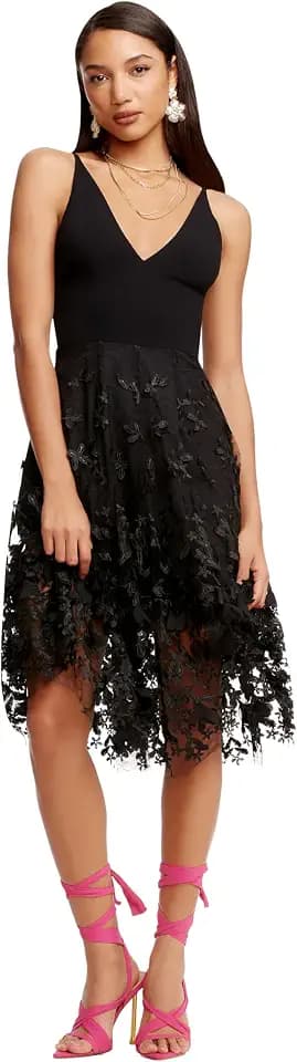 Dress the Population Women's Darleen Sleeveless Plunging Neckline Fit and Flare Midi Dress