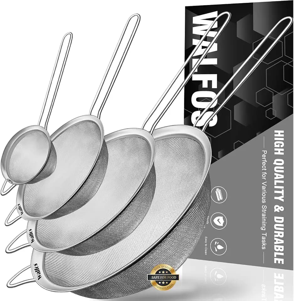 Walfos Feinmaschsieb-Set, Premium-Edelstahlsiebe und -siebe, mit verstärktem Rahmen und stabilem Griff, perfekt zum Sieben, Sieben, Abtropfen und Spülen von Gemüse, Pasta und Tee（4 Größen）