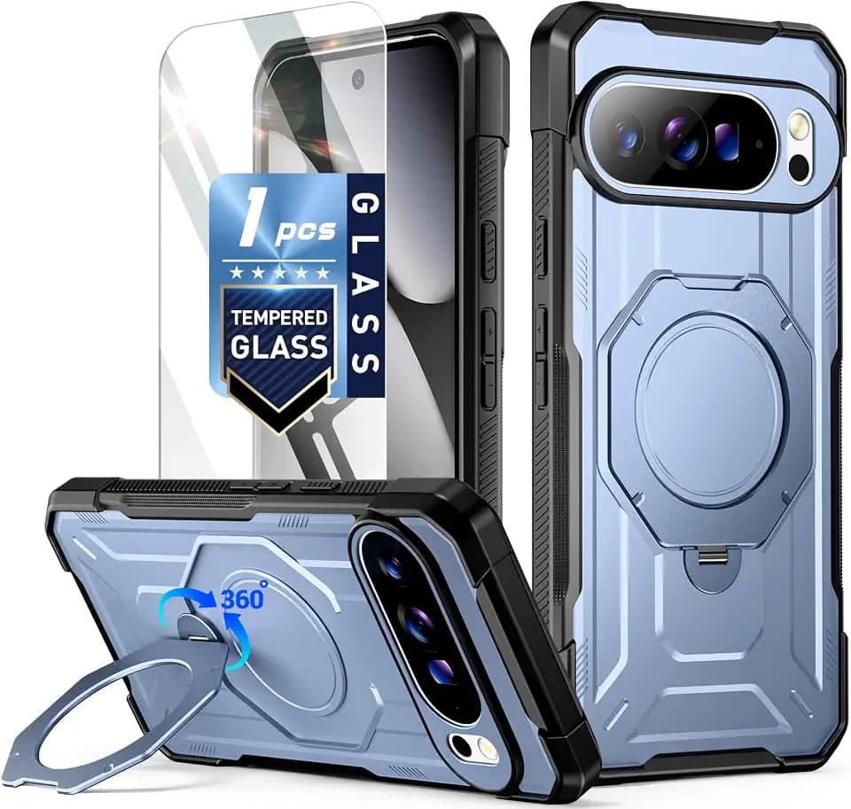 Poetic for Pixel 10 Pro XL Case | 360° Rotate Magnetic Ring Kickstand | Compatible with MagSafe | Military Grade Drop Proof Protection Cover | Tempered Glass Screen Protector | Metallic Blue