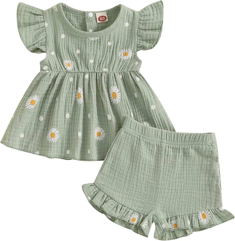 Süßes Sommer-Outfit für Babys, Mädchen, Gänseblümchen-Druck, fliegende Ärmel, Rüschen-Shirt, Tank-Top, Rüschen, elastische Shorts, Set, 2-teiliges Set für Kleinkinder, Mädchen