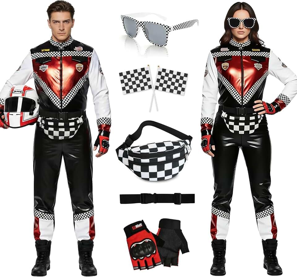 Rennfahrer Kostüm Herren Damen, Rennfahrer Anzug Overall Jumpsuit für Erwachsene, Erwachsene Racer Komplettset mit Handschuhen Sonnenbrille Karierte Flagge Bauchtasche Gürtel für Karneval