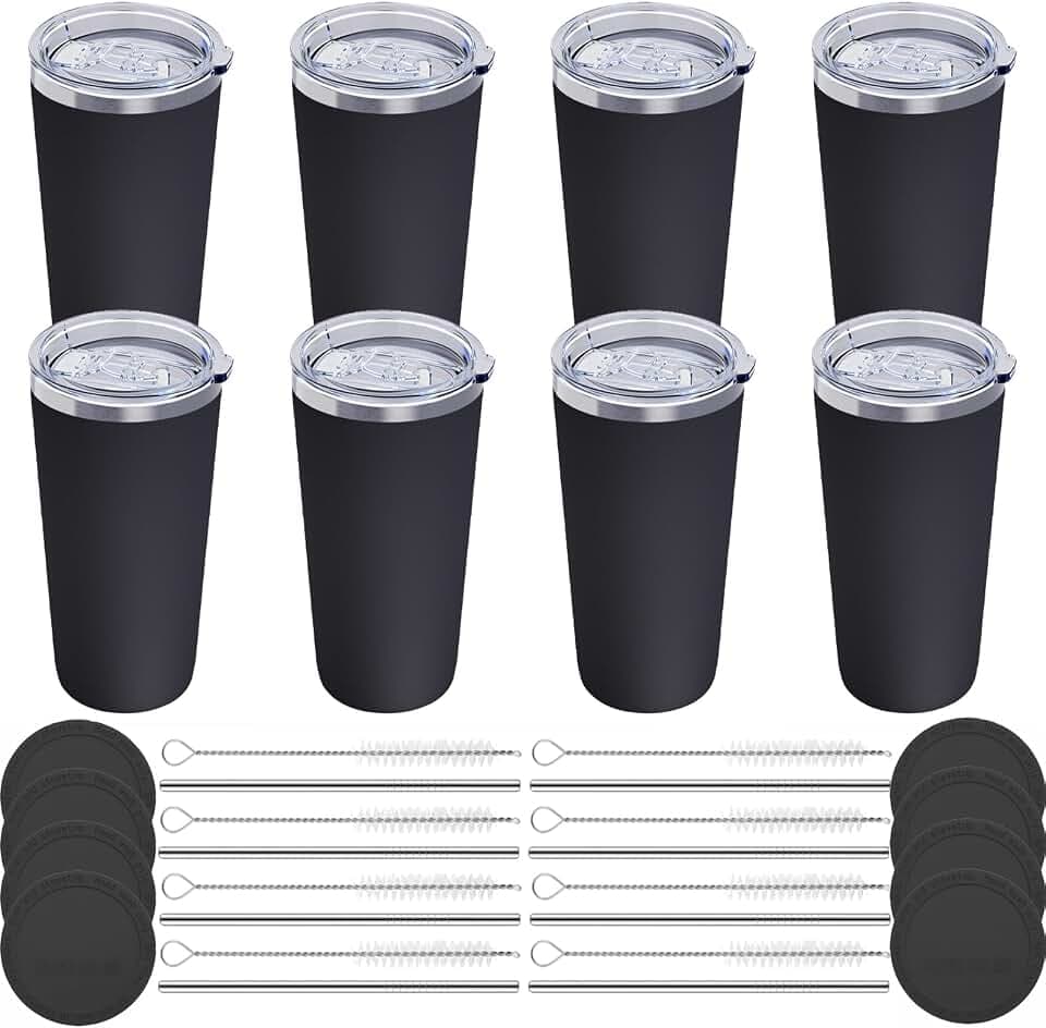 GGQ 20oz Travel Coffee Tumbler, 18/8 Stainless Steel Cup 8 Pack Black