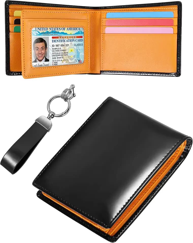 Mens Wallet Cordovan Leather,RFID wallet for men,Slim Bifold Genuine Leather Wallets with ID Window,Billfolds Wallet with 11 Card Holderss 2 Cash Pockets & Keychain for Everyday Carry