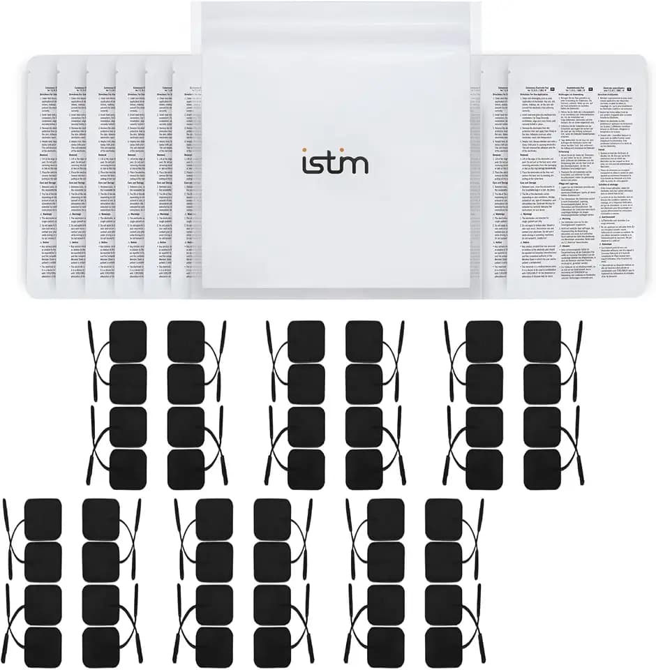iStim 48 TENS Elektroden 5x5 cm – Superweiche, selbstklebende & wiederverwendbare schwarze Pads für TENS EMS Geräte – Zertifiziertes Medizinprodukt zur Schmerz- und Muskeltherapie mit 2-mm-Anschluss