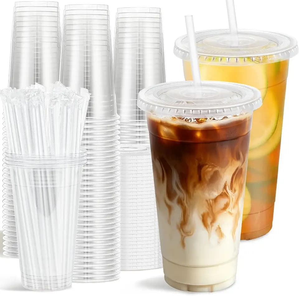 Clawsoff 100 Pack 24 oz Clear Plastic Cups with Lids and Straws Disposable