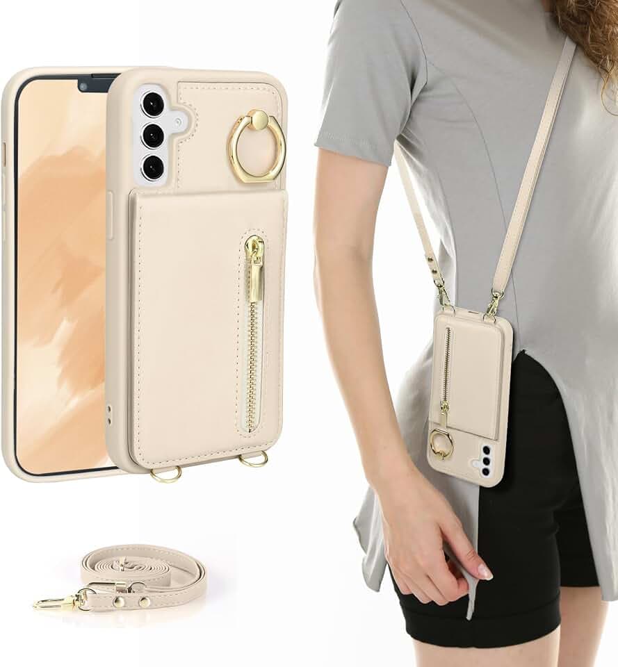 Crossbody Wallet Case for Samsung Galaxy S24, with Card Slots Zipper Pocket Case, Flip Folio Purse RFID Blocking with Ring Kickstand Detachable Strap-Beige