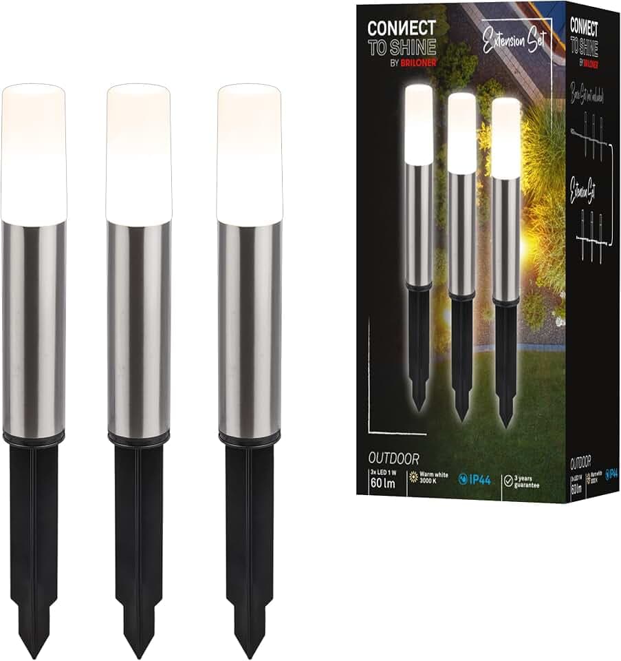 BRILONER - Connect to Shine 12V Gartensystem 3er Set LED Pollerleuchte mit Erdspieß, Erweiterungsset, IP44, warmweißes Licht, Gartenbeleuchtung, Wegeleuchten, 36,5x4 cm, Silberfarbig