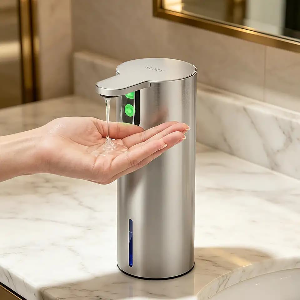 SUNLY Press Liquid Soap Dispenser, Stainless Steel Soap Pump for Kitchen, Rechargeable Hand Soap Dispenser for Bathroom, Wall or Countertop, Silver