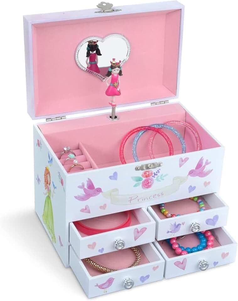 Jewelkeeper - Märchenprinzessin und Herzen große Musikschmuck-Aufbewahrungsbox mit 4 ausziehbaren Schubladen - Tanz der Zuckerfee Melodie Weiß