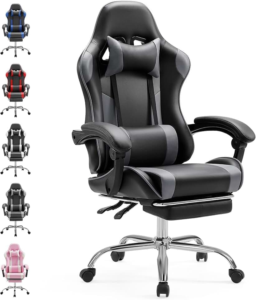 Sweetcrispy Gaming Stuhl,Ergonomischer Bürostuhl mit Fußstütze,Gamer PC Stühle mit Kopfstütze Lendenkissen,90-150° einstellbar Gaming Chair,Leder Drehbar Schreibtischstuhl Computerstuhl,Grau