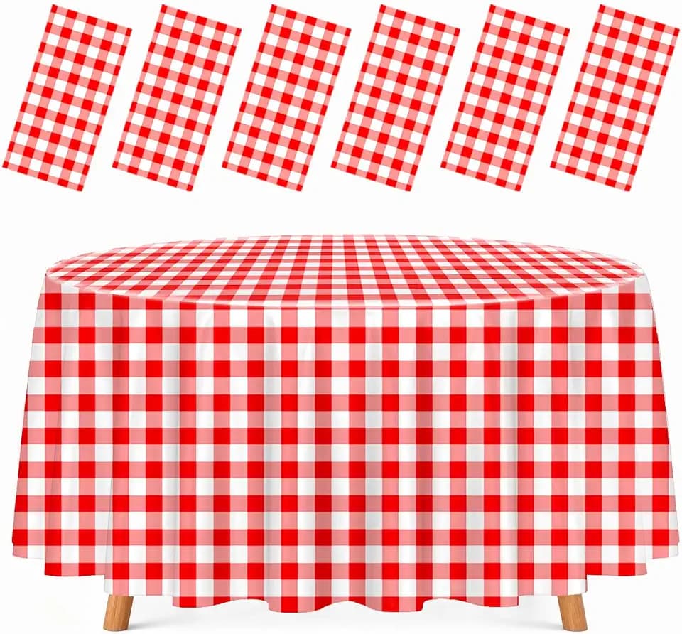 HEIPINIUYE 6 Pack Red Gingham Tablecloth Disposable 84 x 84 Inch Round Red and White Plaid Plastic Table Cover Disposable Table Cloth for Party Birthday Picnic Christmas Checkered Tablecloths
