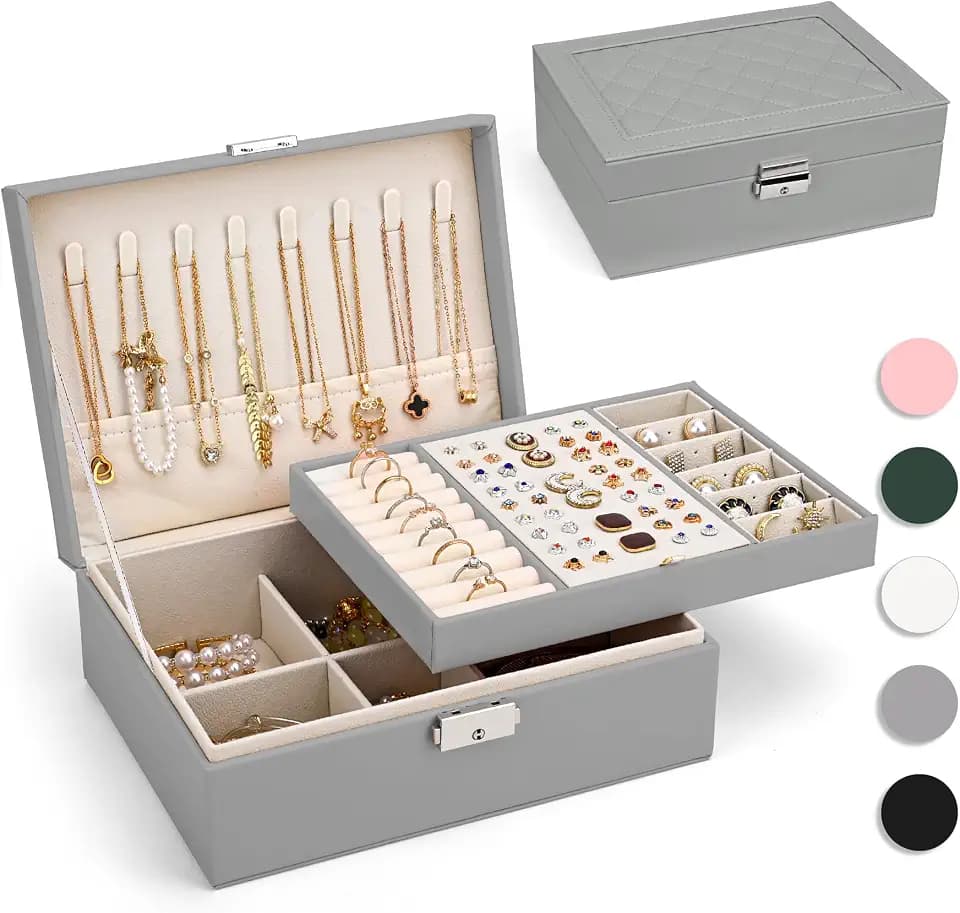 Schmuckkästchen für Damen 2-schichtige Schmuckkoffer PU-leder, Silbergrau