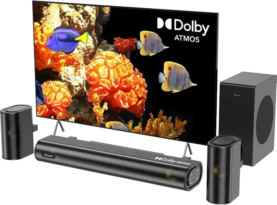 Hiwill 4.1ch Soundbar mit Dolby Atmos, 300W Soundbar für TV Geräte mit Subwoofer, 2 Front-Surround-Lautsprecher, HDMI eARC, Höhen und Bässe einstellbar, Surround-Sound für TV, HiElite A41