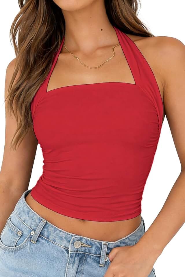 ForeFair Womens Backless Halter Tops Going Out Double Lined Crop Tank Top Open Back Sleeveless Slim Fit Y2k Summer Tops
