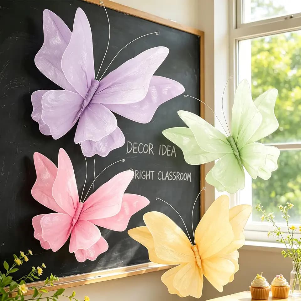 SUNBEAUTY 4 Stück 3D Schmetterling Deko mit Clip Papier Schmetterlinge Deko Bunt Fliegende Schmetterlinge für Gartenparty Deko kindergeburtstag Deko Tischdekoration Innen Frühling Deko Tischdekoration