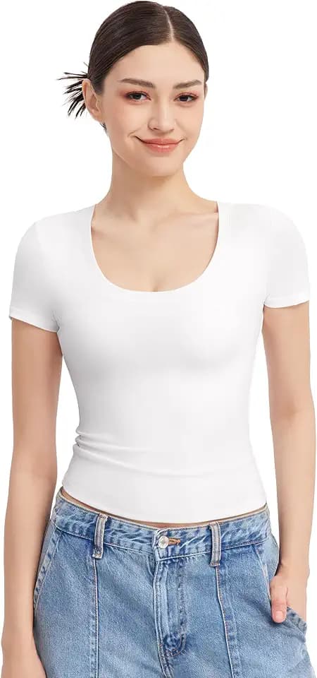 PUMIEY Women's T Shirts Short Sleeve Scoop Neck Basic Going Out Tops Fashion Slim Fit Tee Smoke Cloud Pro Collection