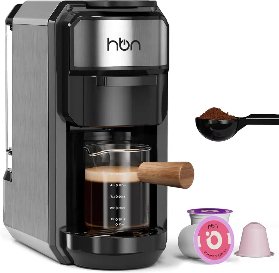 HBN 3-in-1 for Nespresso Capsule & K-Cup Pods & Ground Coffee Multi Coffee Maker Single Serve, 19Bar Programmable One-Touch Brewing Espresso Machine, 20oz Removable Water Tank, 1450W Fast Heat