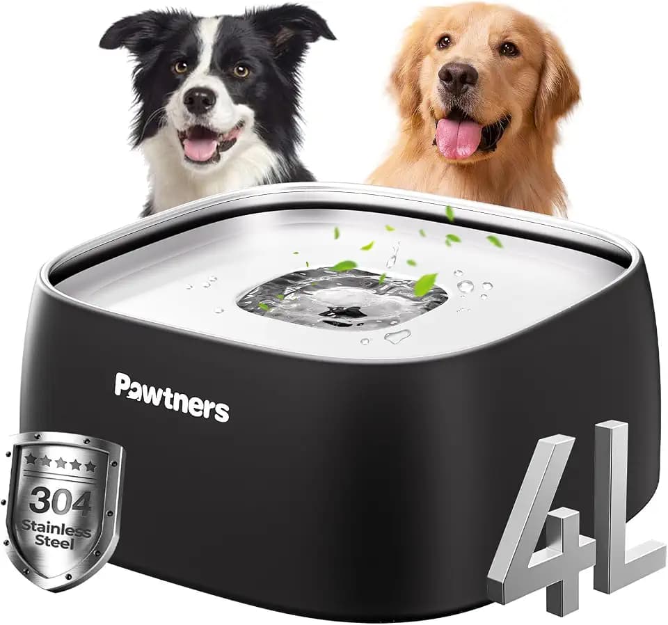 Pawtners All Stainless Steel Dog Water Bowl No Spill, 135oz/4L, Black