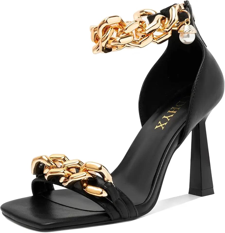 Women's Stiletto Heel Sandals Square Open Toe Chain and Pearl Accents