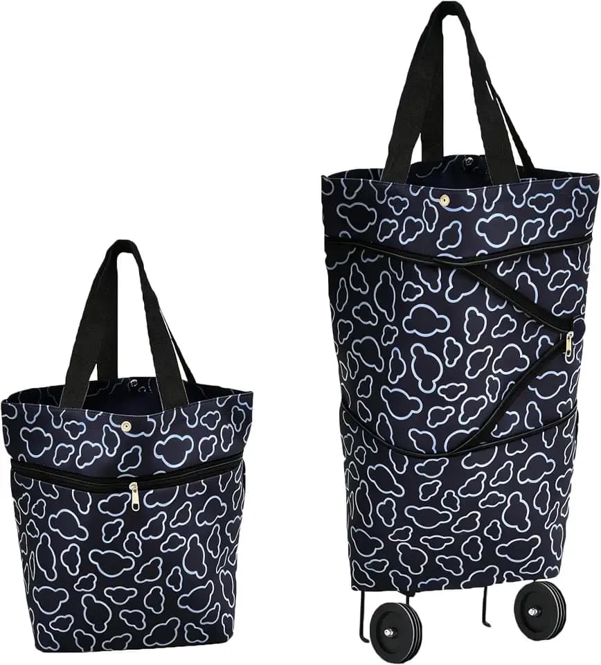 Collapsible Shopping Bag with Wheels Portable Shopping Cart with 360° Swivel Wheels Rolling Tote Bag Reusable Grocery Bag Trolley Bag on Wheels for Travel Shopping and Daily Use(Black)