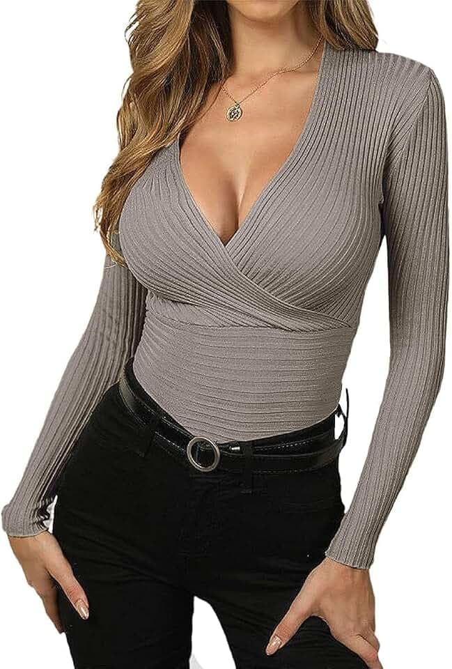 Wenrine Damen Pullover Tiefer V-Ausschnitt Wickel Strickpullover Sexy Herbst Pulli Slim Fit Winter Oberteile