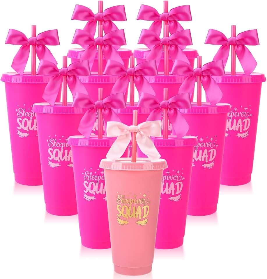 12 Pcs 24 oz Sleepover Party Plastic Cups with Lids Straws Bows