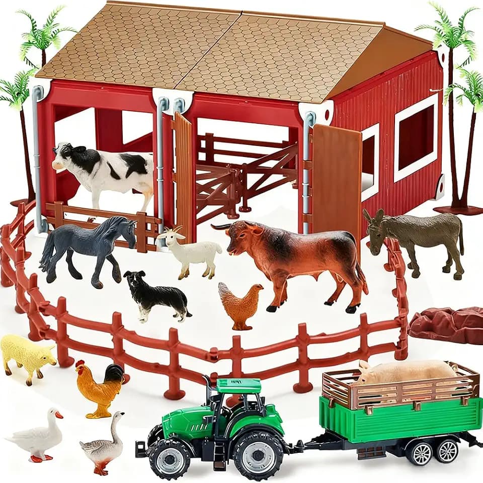 66PCS Mini Farm Animal Barn Toy with Tractor Trailer Fence for Kids Ages 3+