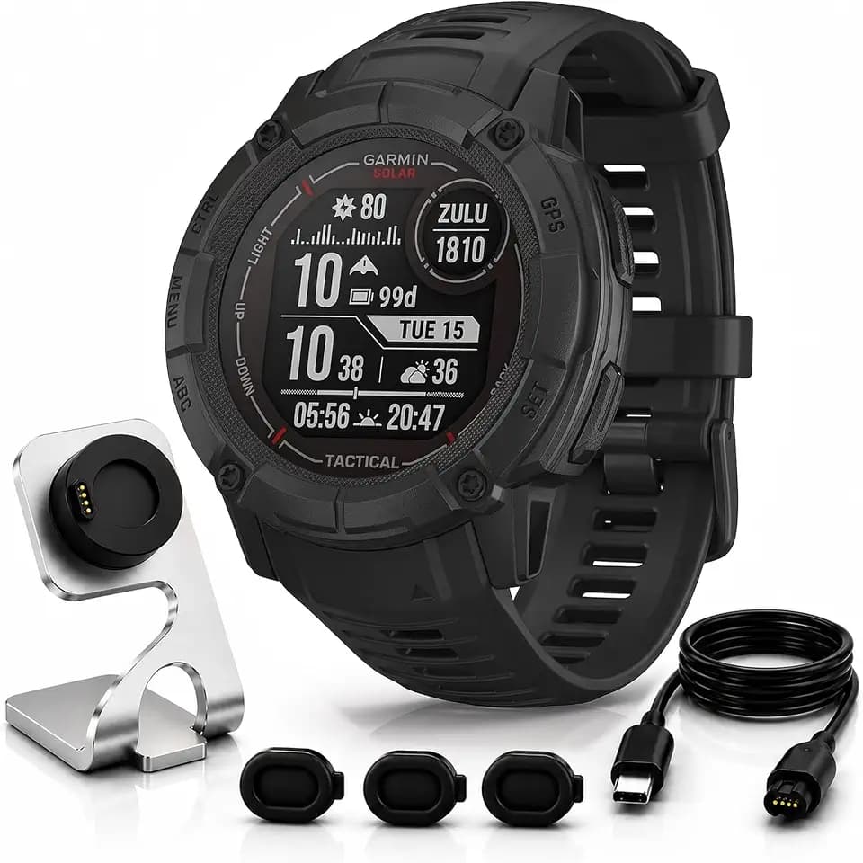 Garmin Instinct 2X Solar Tactical Edition, Solar Charging, Rugged GPS Smartwatch, Built-in Flashlight, Ballistics Calculator, Black 010-02805-13 Bundle with Deco Essentials Charging Dock Kit