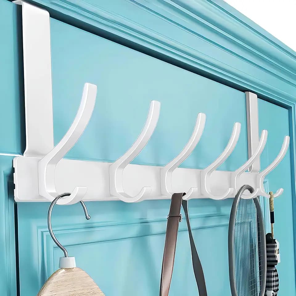 Türgarderobe zum Einhängen, Matt Weiß Türhakenleiste Türhaken zum Einhängen, Praktisch Kleiderhaken Tür Handtuchhalter Tür, Türhänger Ohne BohrenTürhaken für Garderobe Badezimmer (6 Haken)