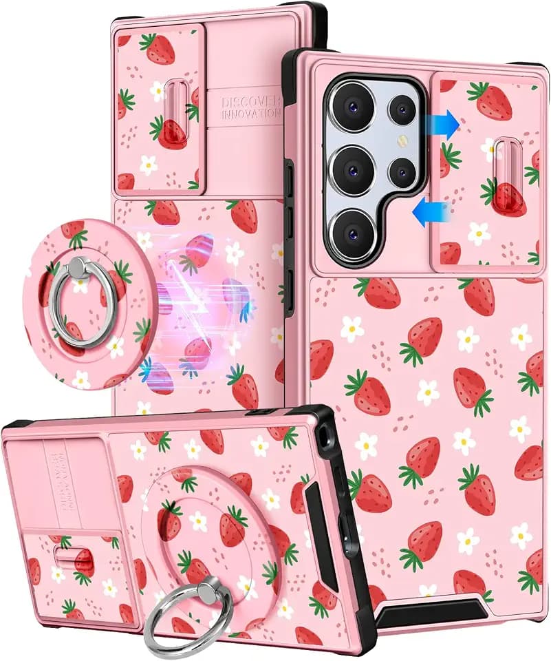 Buleens for Samsung Galaxy S23 Ultra Case - with Ring Stand & Camera Cover Aesthetic Cute Designed Women Girls Girly Kawaii Strawberry for Samsung S23 Ultra Phone Case Compatible with Magsafe