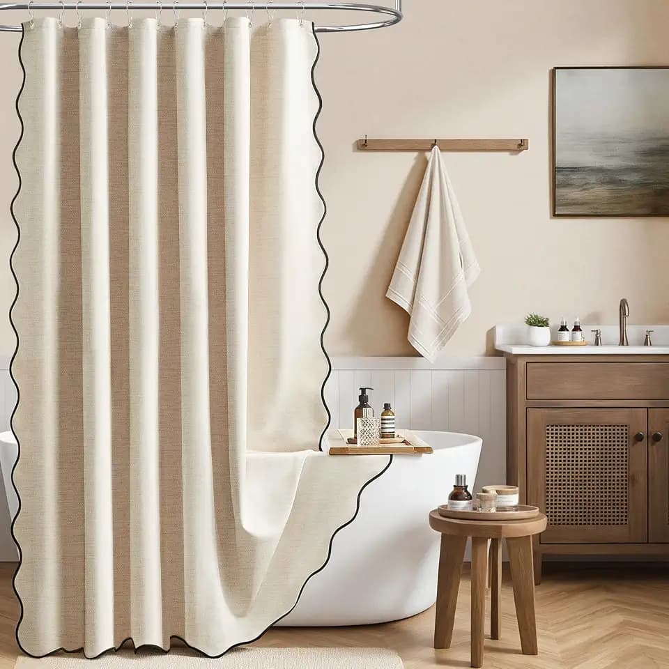 BTTN 72x90 Boho Scalloped Linen Textured Cloth Shower Curtain, Beige/Cream
