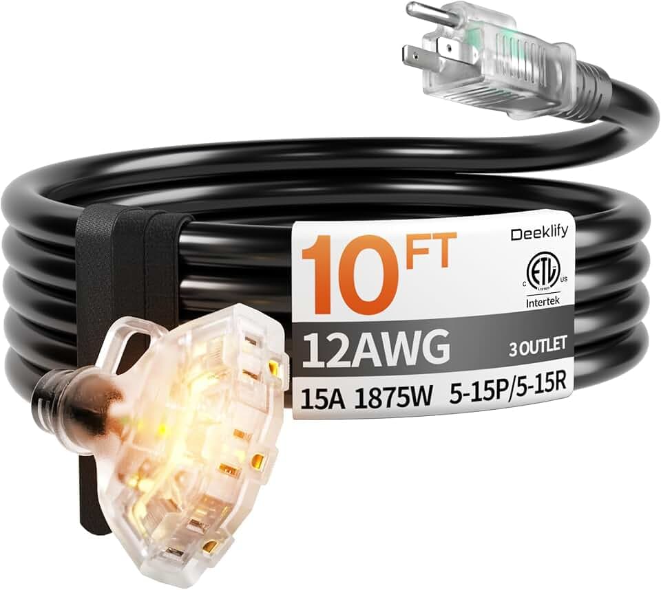 10FT 12 Gauge Black Outdoor Extension Cord with Multiple Outlets