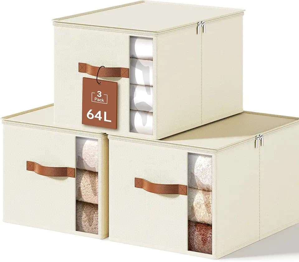 64L Clothes Storage Bins with Sturdy Frame, Foldable Clothing Organizer Box, Sweater Storage Cube with Lids and Zipper, Fabric Bedding Storage Bags for Blankets, Seasonal Clothes, Comforter
