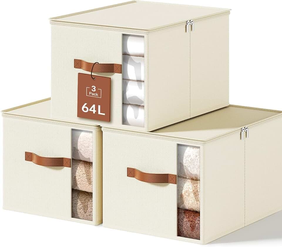 Aufbewahrungsbox für Kleidung mit stabilem Rahmen, faltbare Stoff-Organizerbox für Umzüge, Pullover-Aufbewahrungswürfel mit Deckel und Reißverschluss für Decken, Kleidung und Bettlaken (Weiß, 3 x 60L)