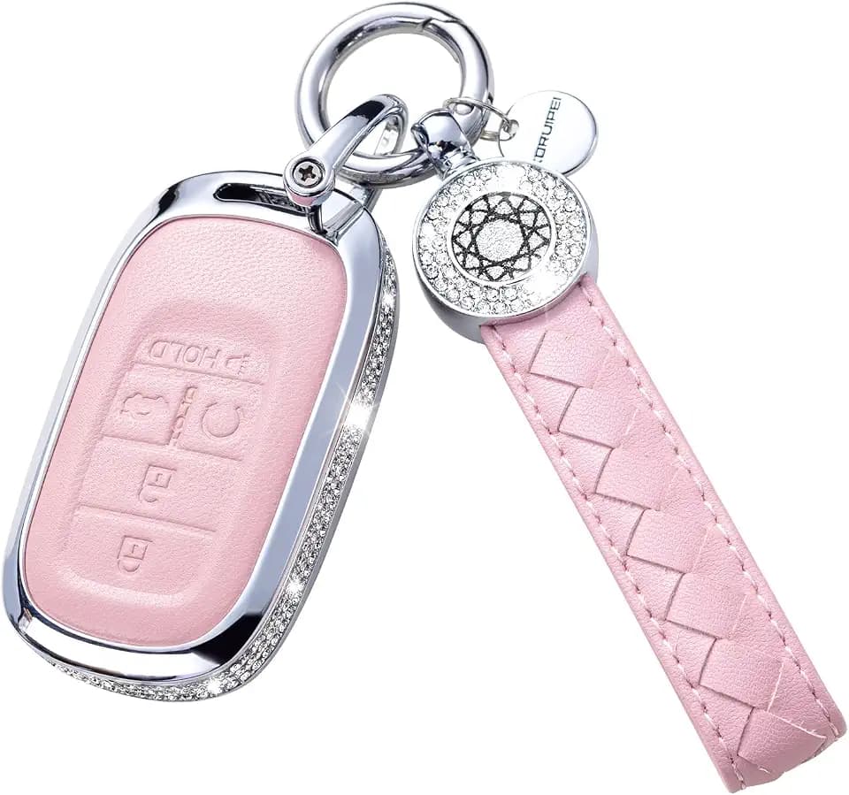 for Honda Key Fob Cover with Keychain, Pink Genuine Leather Crystal Key Case Protection Shell Compatible with 2022 Honda Accord Civic CRV Pilot Odyssey 11th Gen Smart Key