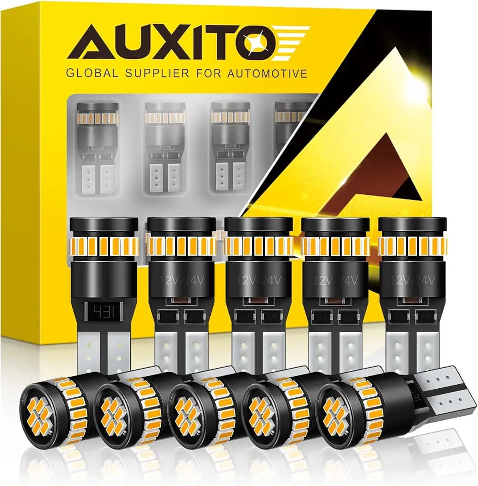 AUXITO 194 LED Light, Amber Yellow 168 2825 W5W T10 Wedge LED Replacement Light Kit Error Free for Car Dome Map Door Parking License Plate Marker Lights, Pack of 10