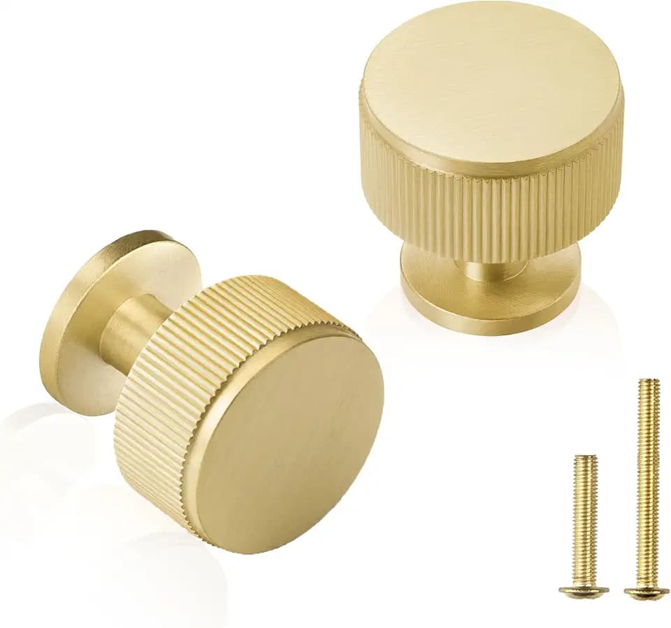 QOGRISUN 5-Pack Textured Brushed Brass Cabinet Knobs, Fluted, 1-1/8 Inch