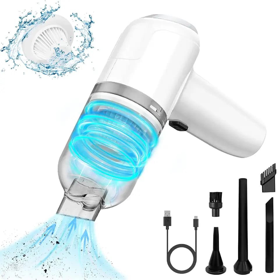 Handstaubsauger Akku 2 in 1, Autostaubsauger USB aufladbar Tragbar Leicht Mini Staubsauger 5000Pa Beutellos Nass & Trocken Handsauger mit Waschbarer Filter, für den Auto, Haus, Küche, Weiß