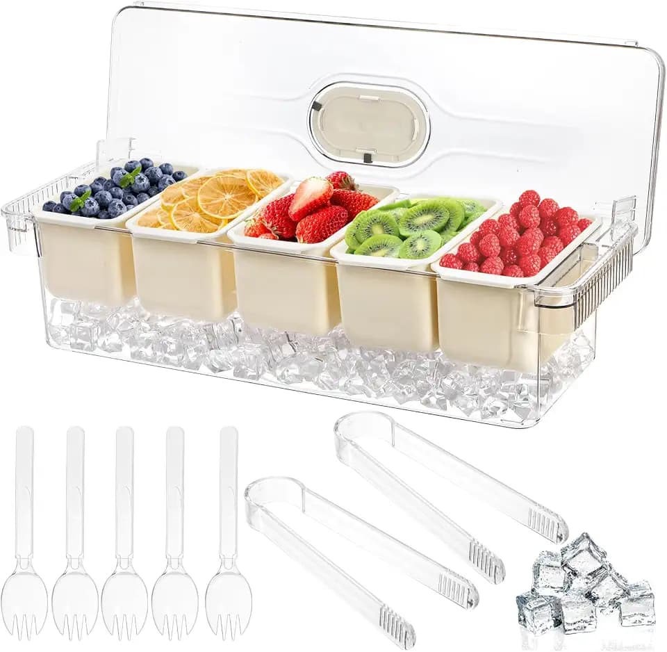 Jucoan Large Ice Chilled Condiment Server with Lid, 5 Compartment Chilled Condiment Caddy, Taco Bar Serving Tray, Garnish Holder Tray for Bartenders Mimosa Salad Soda Bar Supplies, 2 Tongs, 5 Forks
