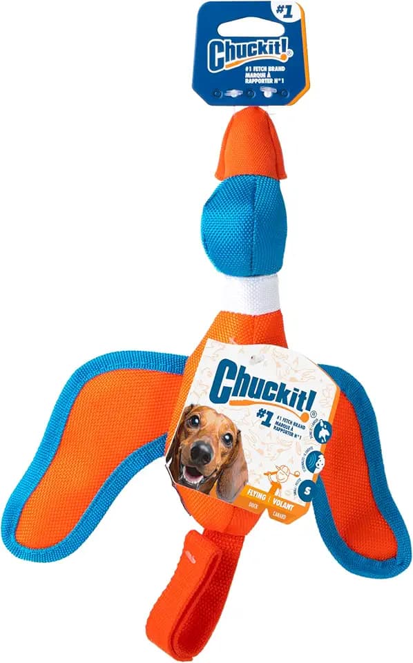 Chuckit! Flying Duck Fetch Slingshot Dog Toy, Orange & Blue – Crinkle Fabric Duck for Outdoor Fetch, Small to Medium Dogs Up to 60 lb – High‑Flight Slingshot Design, Durable Construction – Pack of 1