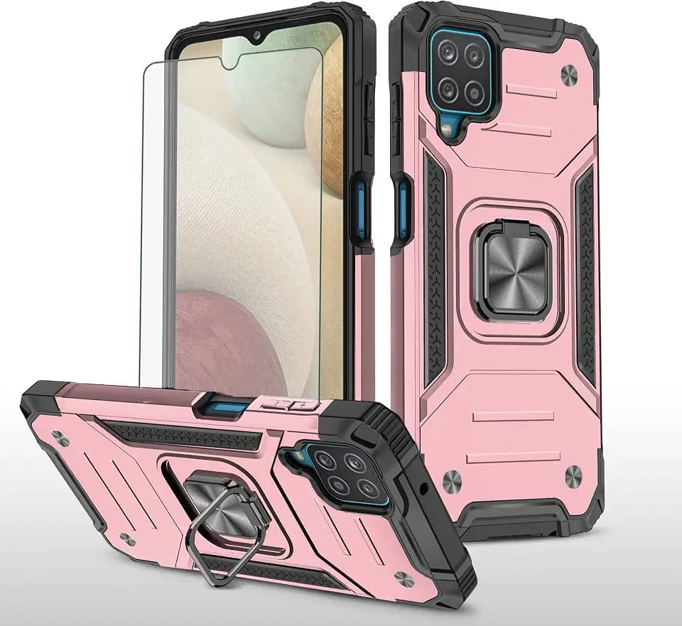 Asuwish Phone Case for Samsung Galaxy A22 4G 6.4 inch with Tempered Glass Screen Protector Cover and Ring Holder Stand Slim Hybrid Protective Cell Accessories M32 M22 F22 A 22 22A G4 Women Rose Gold