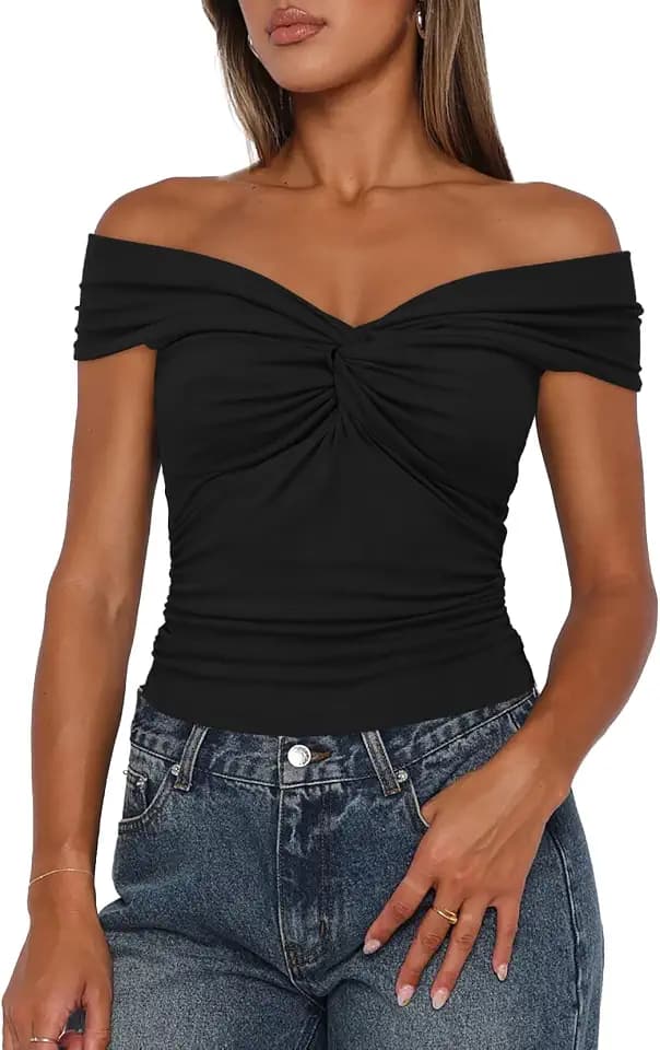 Darong Womens Off The Shoulder T Shirt Front Knotted V-Neck Blouse