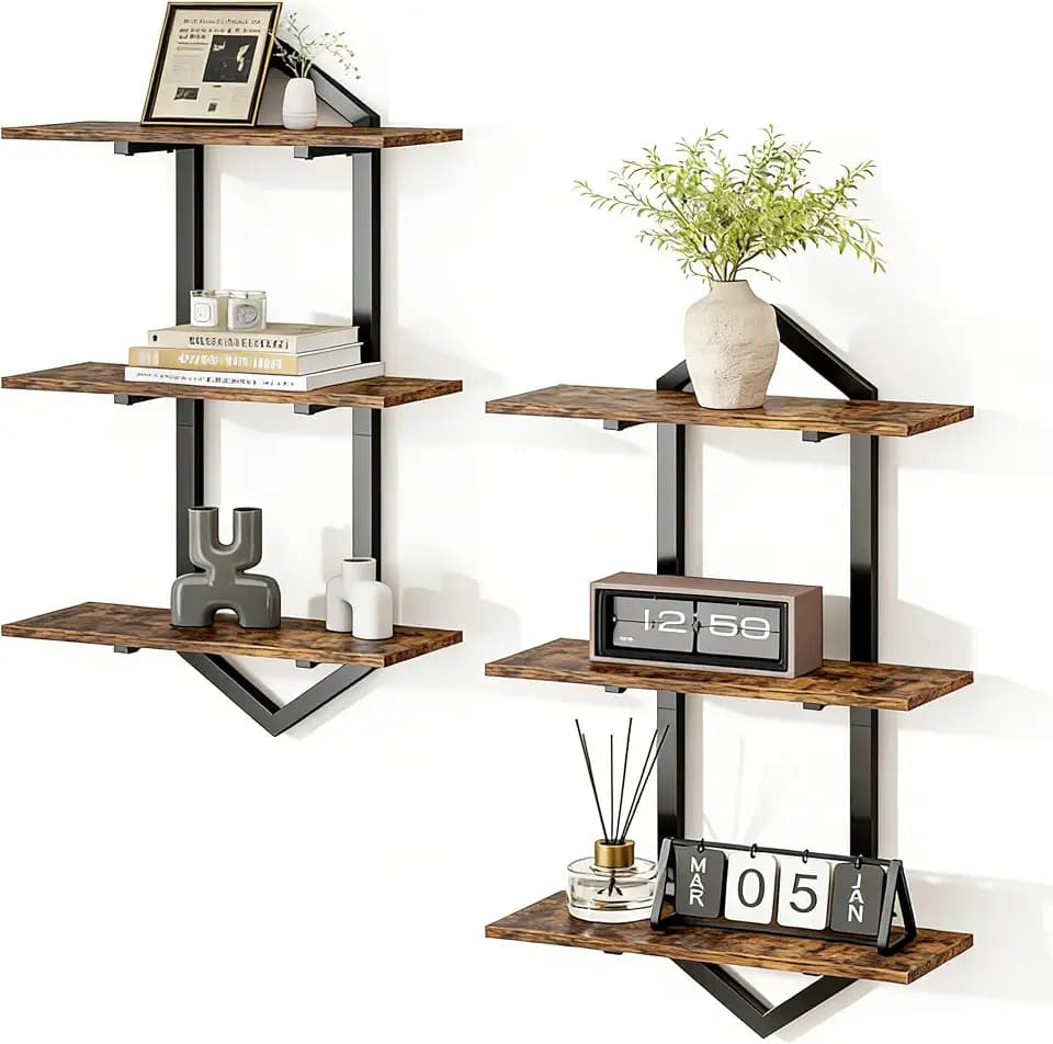3 Tier Floating Wall Shelves, Set of 2 Decorative Wooden Shelf