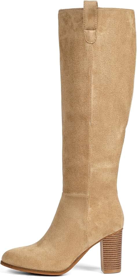 Vipost Suede Knee High Boots for Women, Round Toe Chunky Heel Fall Boot