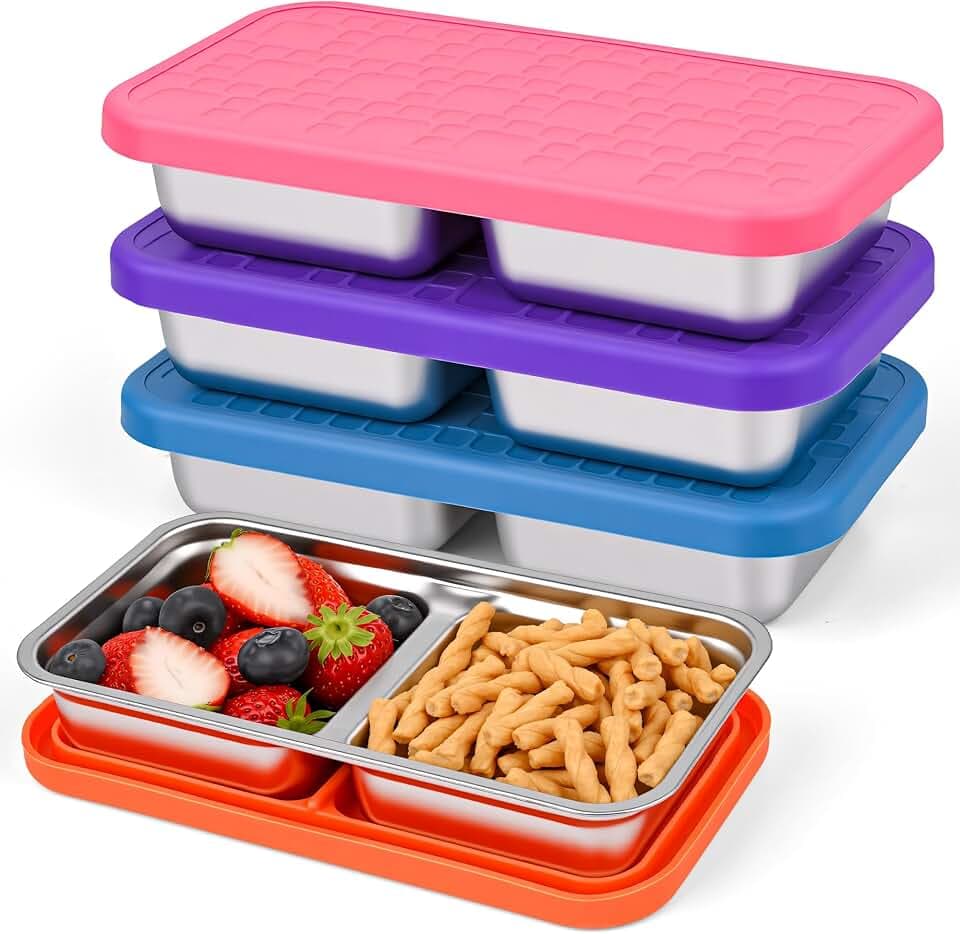 4 Pack Stainless Steel Snack Containers, Leak-Proof 2 Compartment Lunch Boxes with Silicone Lids, Reusable Metal Snack Box for Meal Prep, Travel, Outdoor & Daily Use (2 Compartments – B)