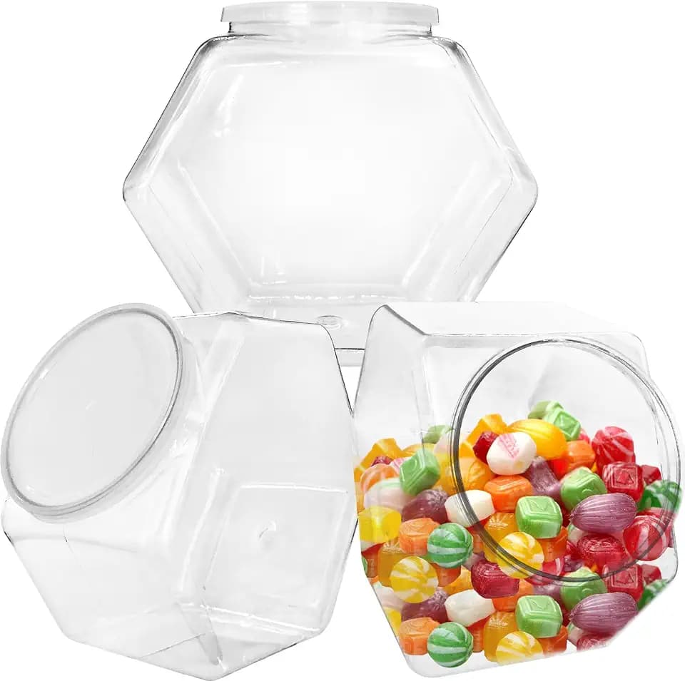 Woozettn 3 Pcs Plastic Candy Jars,Clear Cookie Jars 71 Oz for Kitchen Counter,Hexagon Cookie Jars with Lids,Plastic Dry Food Jar for Candy Buffet