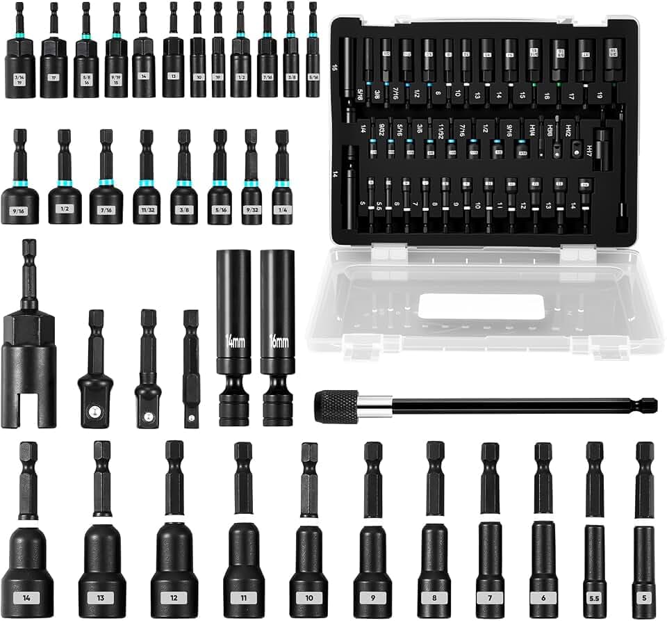 Saker Magnetic Nut Driver Set: 38pcs Impact Driver Socket Adapters with Bit Extension,Wing Nut Driver,Spark Plug Socket,Universal Hex Adapter - 4pcs Stainless Steel Kit