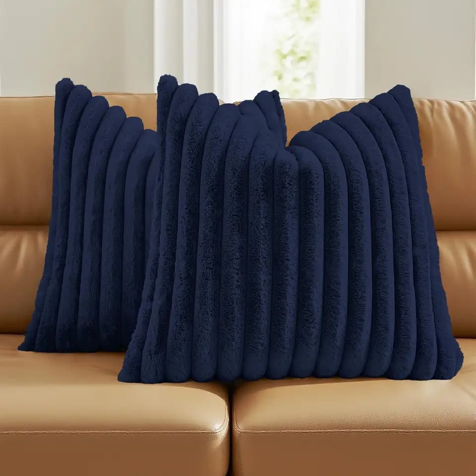 FUTEI Pack of 2 Faux Fur Throw Pillow Covers 22x22 Inch, Dark Navy
