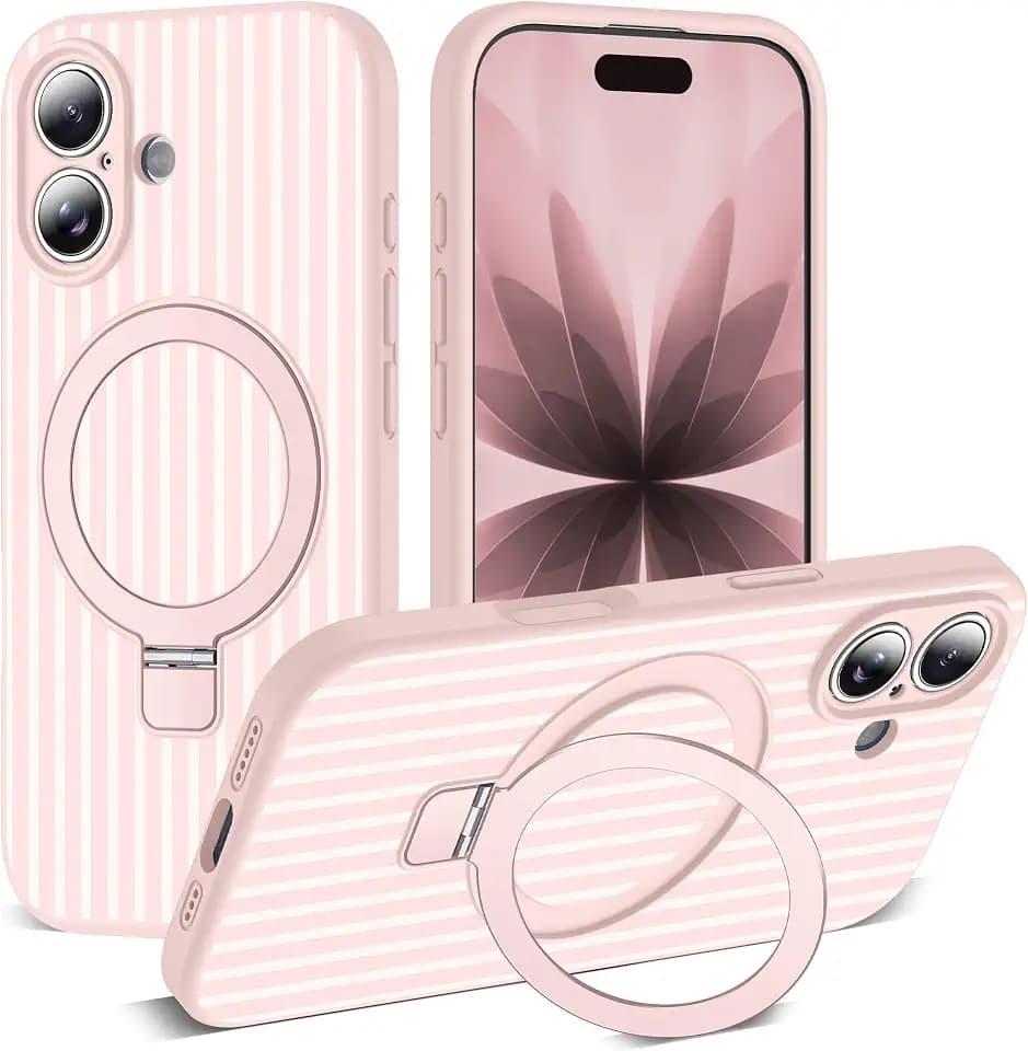 SKYLMW Striped Case for iPhone 17 with Stand,6.3" Pink/White